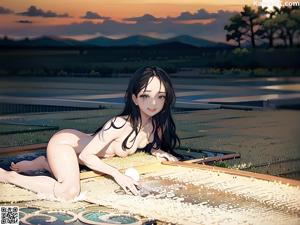 A naked woman laying on the ground next to a body of water.