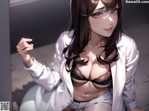 A woman in a white lab coat is posing for a picture.